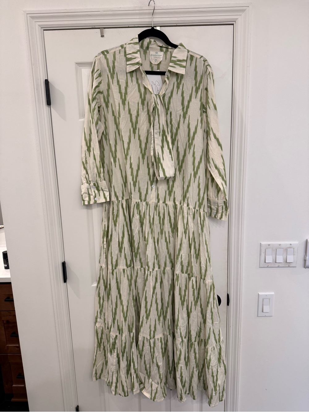 NWT GUADALUPE Meredith Ikat Green Cream Maxi Shirt Dress Small